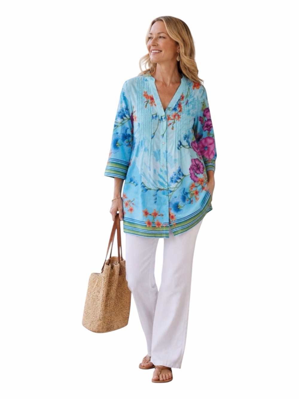 Soft Surroundings Blue Floral V-Neck Tunic Top